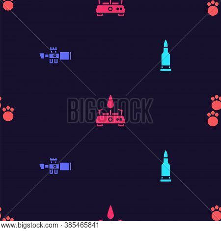 Set Bullet, Sniper Optical Sight, Camping Gas Stove And Paw Print On Seamless Pattern. Vector