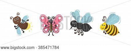 Cute Cartoon Bug Worm Funny Doodle Character In Flat Design. Set Of Kawaii Insect Isolated On White 