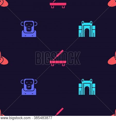 Set India Gate In Delhi, Monkey, Scented Spa Stick And Indian Headgear Turban On Seamless Pattern. V