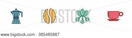 Set Coffee Moca Pot, Beans, Bean, Branch And Cup Icon. Vector