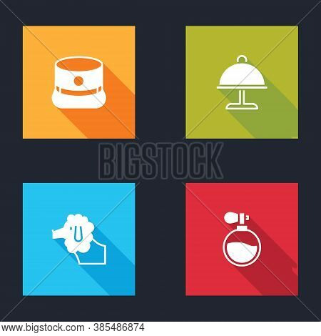 Set Kepi, Covered With Tray, Poodle Dog And Perfume Icon. Vector