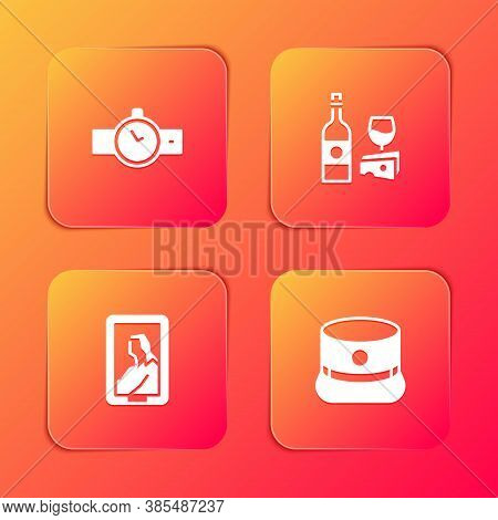 Set Wrist Watch, Wine Bottle With Cheese, Portrait Museum And Kepi Icon. Vector