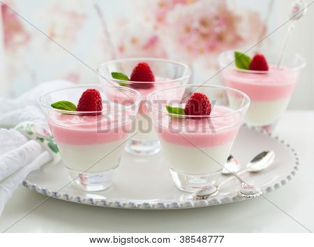 Raspberry yogurt dessert in glasses