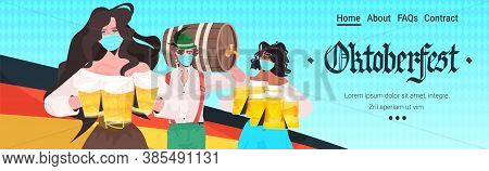 People Holding Beer Mugs Oktoberfest Party Festival Celebration Friends Wearing Masks To Prevent Cor