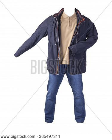 Dark Blue Jacket, Beige Shirt And Blue Jeans Isolated On White Background. Casual Fashion Clothes