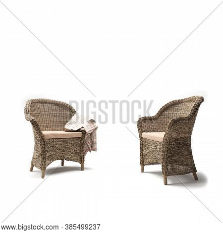 Two Classic Wicker Chair Isolated On White Background. With Striped Plaid. Anfass And Profile.