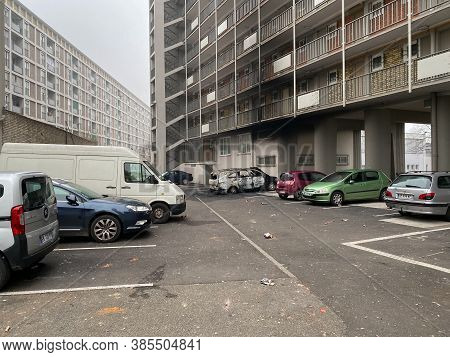 Strasbourg, France - Jan 1, 2020: Lancia Car Torched During New Year Eve Mayhem In Grand Est Area Wi