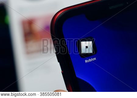 Close-up Shot Of The Roblox Application Icon From Roblox Corporation On An Iphone. Illustrative Edit