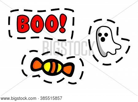 Halloween Ghost Cartoon, Candy And Onomatopoeia Boo! With Cutout