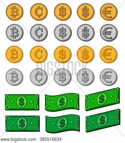 Money Bills Dollar Cash Paper Notes, Gold Coins, Silver Coins And Cryptocurrency Set. Money Cash, Il