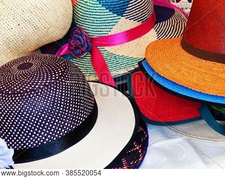 Colorful Handmade Panama Hats Or Paja Toquilla Hats Or Sombrero At The Traditional Outdoor Market In