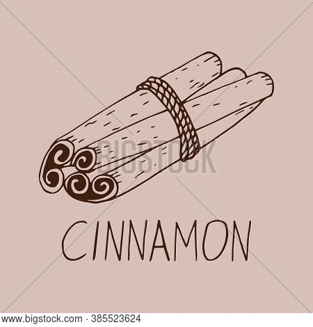 Cinnamon Sticks Tied With Rope And Lettering Hand Drawn Vector Doodle. Concept Template For Design P