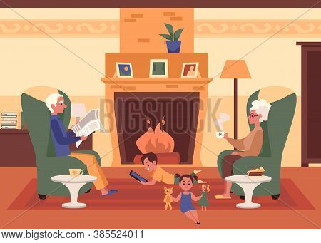 Grandparents And Grandchildren In Room With Fireplace, Flat Vector Illustration.