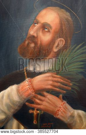 OROSLAVLJE, CROATIA - MAY 27, 2013: Saint Marko Krizin altarpiece and parish church of the Assumption of the Virgin Mary in Oroslavlje, Croatia