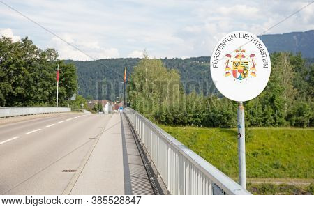 Ruggel, Liechtenstein On July 14, 2020: Bridge At The Crossing Of The Rhine, Border Between Liechten