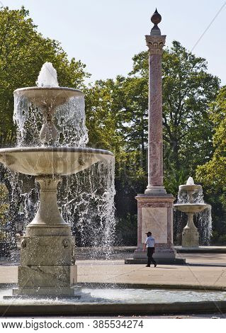 Square André Chénier, Carcassonne, Aude, France. 091520 Garden With Two Large Fountains, A Pink Marb