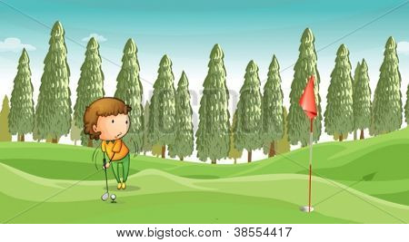 illustrazione di un ragazzo giocando a golf in una splendida natura