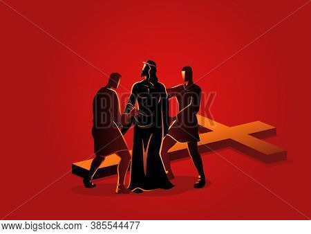 Biblical Vector Illustration Series. Way Of The Cross Or Stations Of The Cross, Tenth Station, Jesus