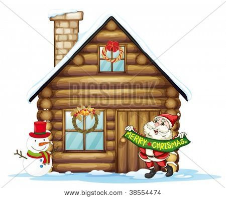 illustration of house and santa claus on a white background