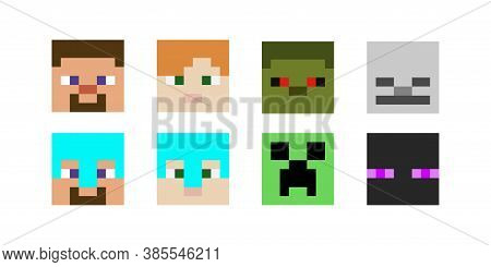Set Of Pixel Avatars. Heroes Game Concept. Avatars Concept Of Game Characters. Vector Illustration