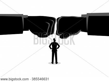 Business Concept Vector Illustration Of A Businessman Watching Two Giant Fist Clashed