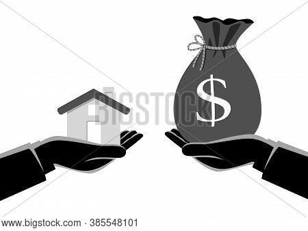 Vector Illustration Of Real Estate Agent Handover A House To A Buyer