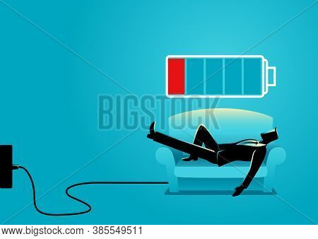 Business Illustration Of A Businessman Taking A Nap On Sofa. Laying, Relaxing, Recharge, Resting Con