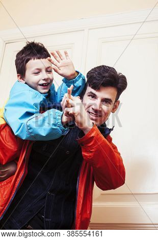 Faher And Son Together Having Fun At Home, Lifestyle Happy Family, People At Home