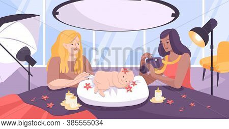 Newborn Photography Background With Shooting Process Symbols Flat Vector Illustration