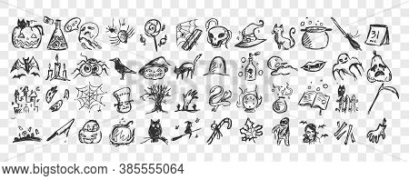 Halloween Doodle Set. Collection Of Hand Drawn Pencil Sketches Templates Patterns Of Bats Pumpkins Z