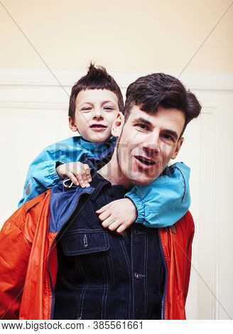 Faher And Son Together Having Fun At Home, Lifestyle Happy Family, People At Home