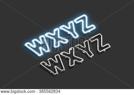 Neon W X Y Z Symbols, Ultraviolet Font Mockup, 3d Rendering. Electricity Glowing Typeface With Capit