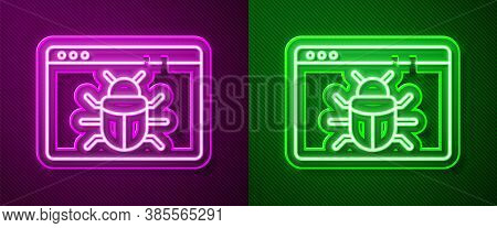 Glowing Neon Line System Bug Concept Icon Isolated On Purple And Green Background. Code Bug Concept.