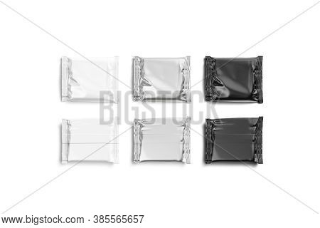 Blank Square Black, White And Silver Chocolate Bar Foil Wrap Mockup Isolated, 3d Rendering. Empty Ca