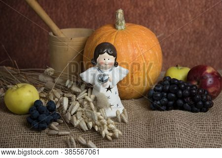 Angel, Pumpkin, Apples, Grape.  Little Cute Thanksgiving Day Holiday Concept