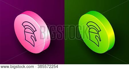 Isometric Line Greek Helmet Icon Isolated On Purple And Green Background. Antiques Helmet For Head P