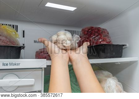 The Woman Takes Out Frozen Food From The Freezer.