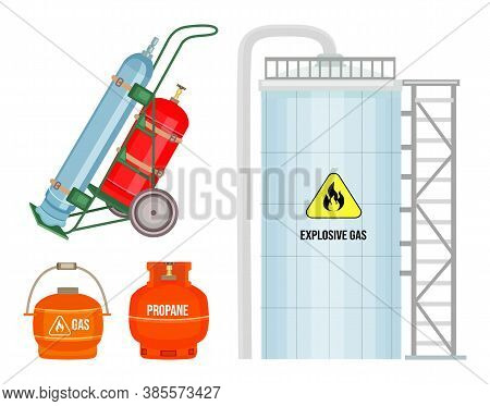 Set Of Gas Cylinder Vector Tank. Propane Bottle Icon Container. Oxygen Gas Cylinder Canister Fuel St