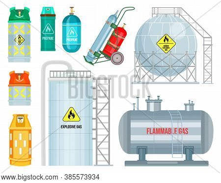 Collection Of Cartoon Vector Icons. Industry Concept. Gas Stations, Big Resorvoirs For Gas. Gas Cont