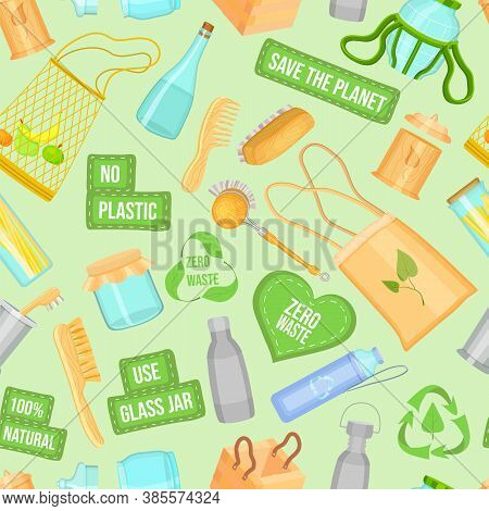 Zero Waste Products And Lettering. Eco Concept Use Safe Packaging. Set Of Durable And Reusable Produ