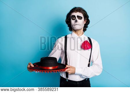 Portrait Of His He Handsome Creepy Sppoky Elegant Classy Imposing Gentleman Holding In Hands Sombrer