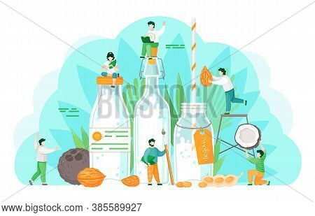 Plant-based Vegan Nutty Milk. Healthy Cow Alternative To Lactose Milk. Cartoon Illustration Of Tiny 