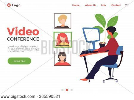 Landing Page Template With Woman Holding A Video Conference With Colleagues Or Friends, Online Commu