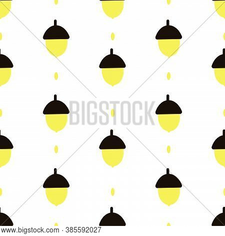 A Seamless Pattern With Yellow Acorns On A White Background. Fall Season. Thanksgiving Backdrop.