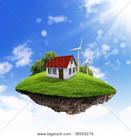 Ostrůvek pořádku / planety. Kousek půdy ve vzduchu. Trávník s domem a strom. Stáž v mř