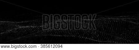Wave 3D. Wave Of Particles. Abstract Black Geometric Background. Big Data Visualization. Data Techno