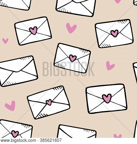 Love Letters Symbols Seamless Pattern. Hand Drawn Doodles Vector Illustration. Romantic Happy Valent