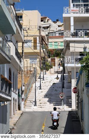 Sitia, August 12: City Street On August 12, 2020 At Sitia, Greece. Sitia Is A Port Town And A Munici