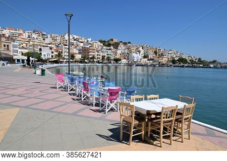 Sitia, August 12: Shops And Restaurants At The Harbor On August 12, 2020 At Sitia, Greece. Sitia Is 