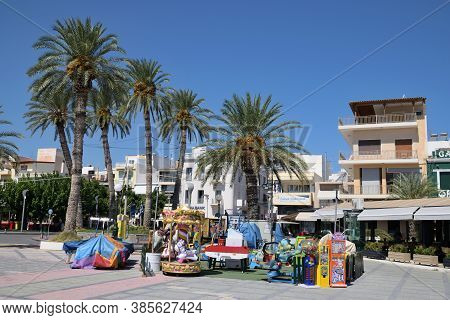 Sitia, August 12: Shops And Restaurants At The Harbor On August 12, 2020 At Sitia, Greece. Sitia Is 